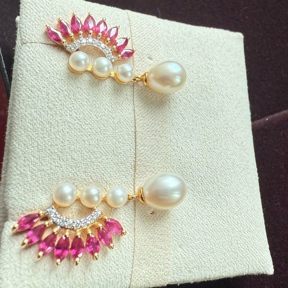Elegant 18K yellow gold Pearl, Ruby and Diamond Drop Earrings